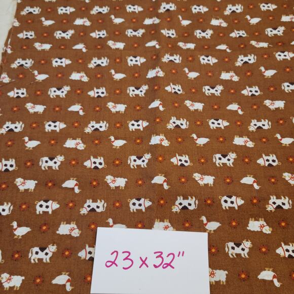 Cotton Fabric Lot 2 Pcs Farm Animal Cow Print & Geo 23x32–14x42" Brown Scraps - Picture 2 of 8